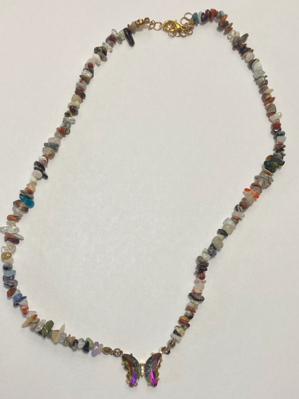Multicolor Beaded Necklace Iridescent Butterfly Pendant Boho Gem Stone Whimsy